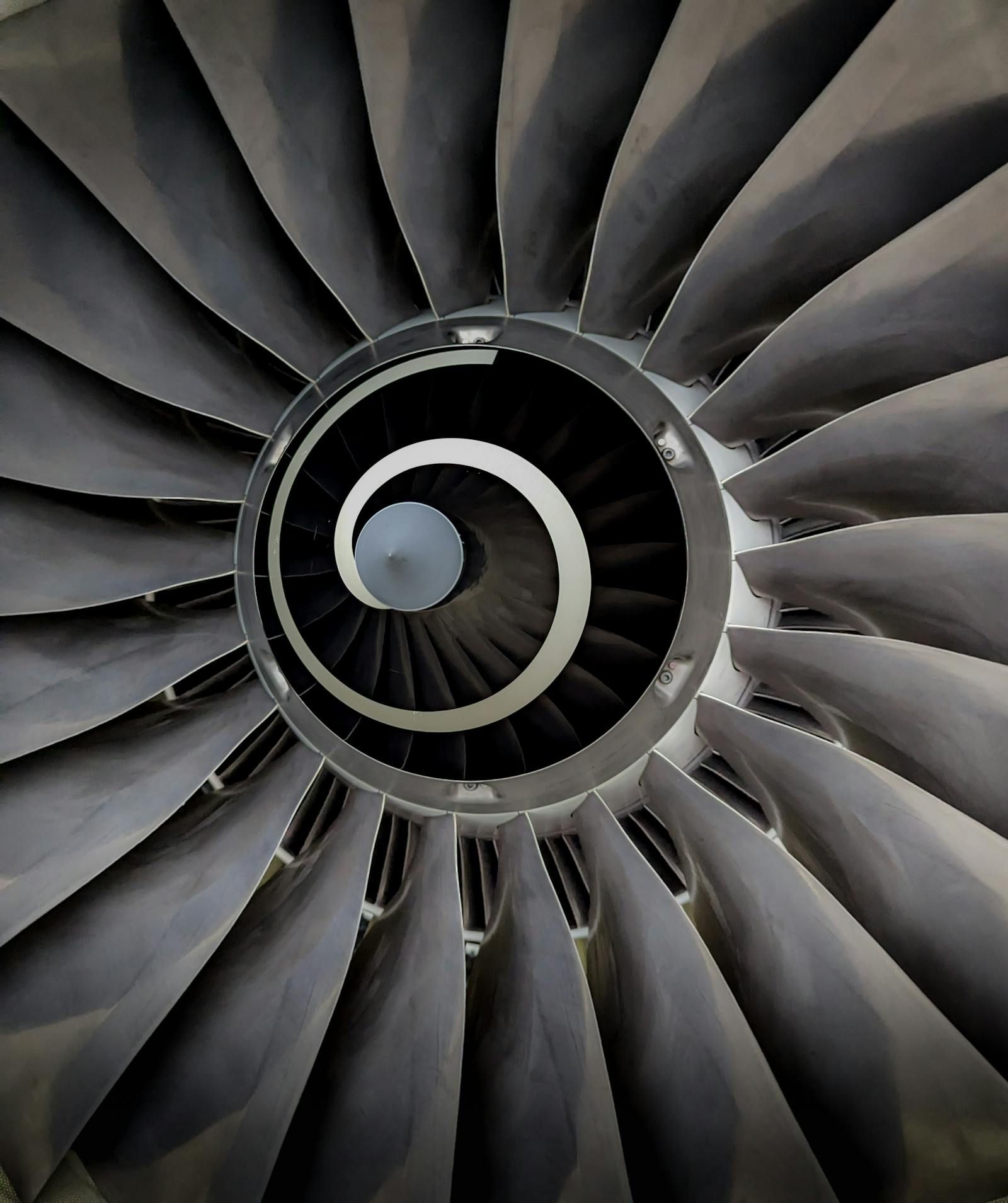 High-speed turbine blades inside a jet engine
